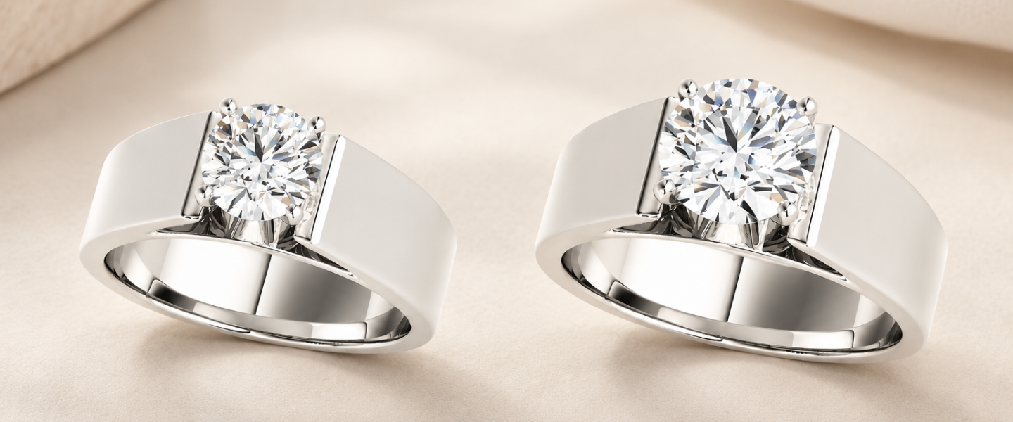 Bora engagement ring in white gold at 1 carat and 2 carats side by side, showing a larger round diamond on the same wide band