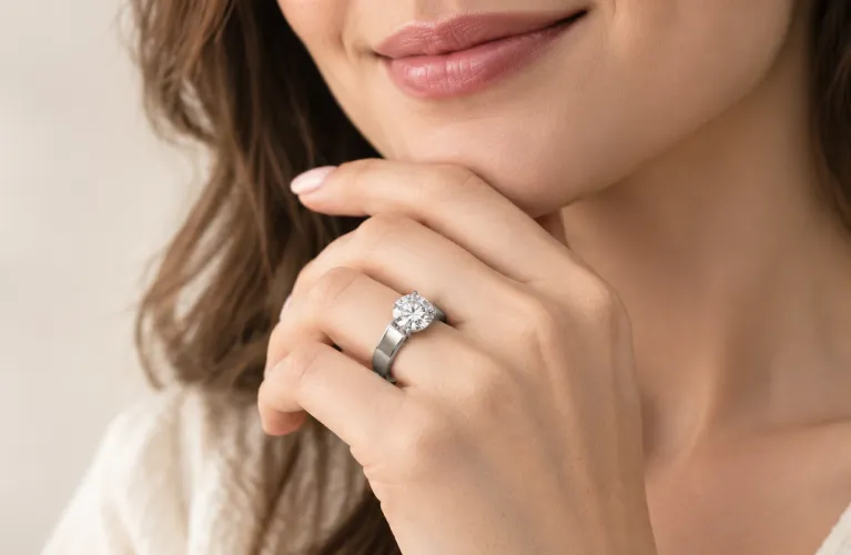 A SAMA engagement ring shown on the hand, illustrating the importance of accurate ring sizing