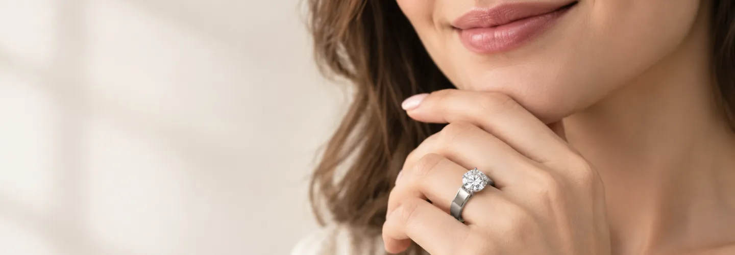 A SAMA engagement ring shown on the hand, illustrating the importance of accurate ring sizing