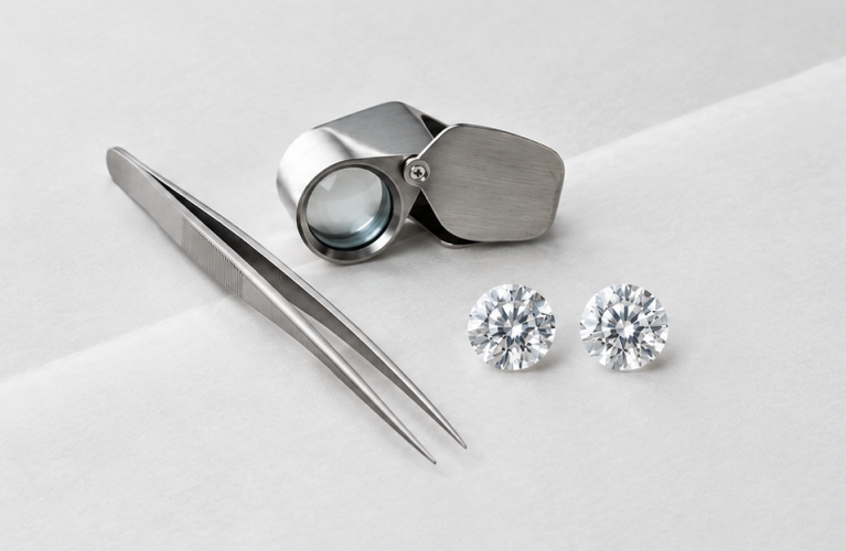 Two loose round brilliant diamonds side by side on folded white diamond paper, beside a jeweler's loupe and tweezers