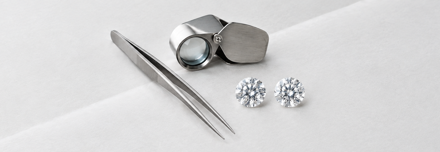 Two loose round brilliant diamonds side by side on folded white diamond paper, beside a jeweler's loupe and tweezers