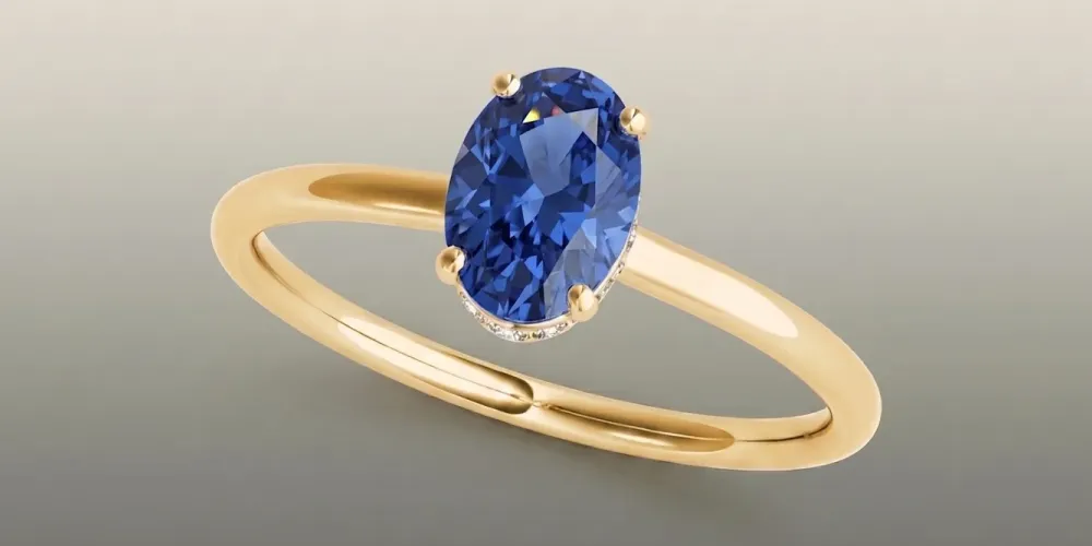 Rania grand oval blue sapphire engagement ring in yellow gold