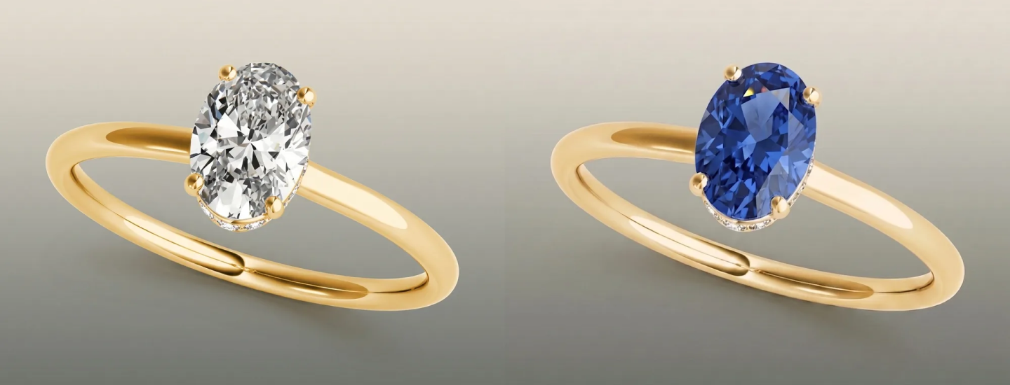Rania grand oval engagement ring in yellow gold, shown with a diamond and with a blue sapphire