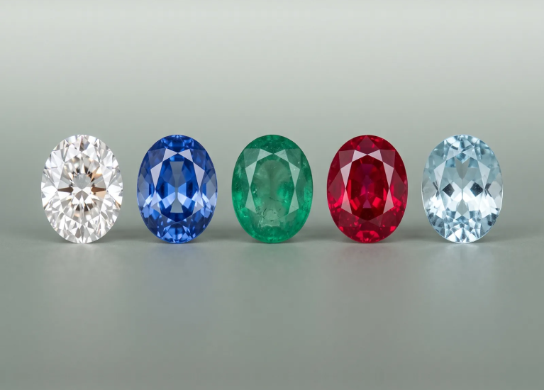 Five loose oval stones in a row: diamond, blue sapphire, emerald, ruby and aquamarine