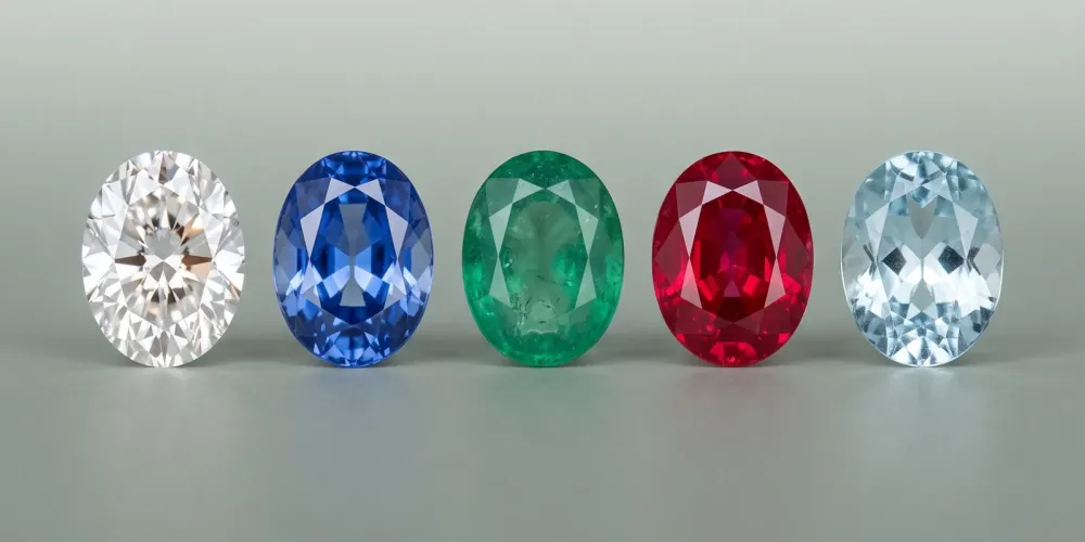 Five loose oval stones in a row: diamond, blue sapphire, emerald, ruby and aquamarine