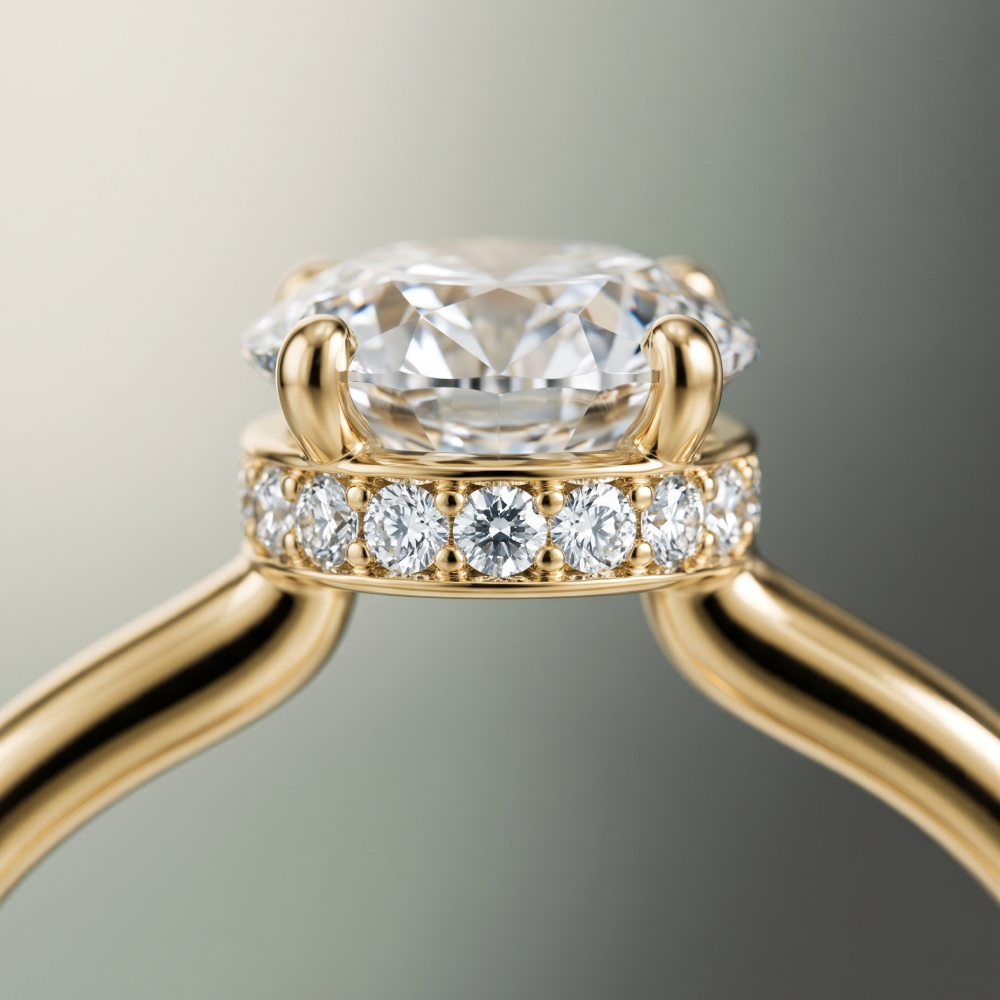 Side view of Rania grand showing a hidden halo of small diamonds beneath the oval center stone