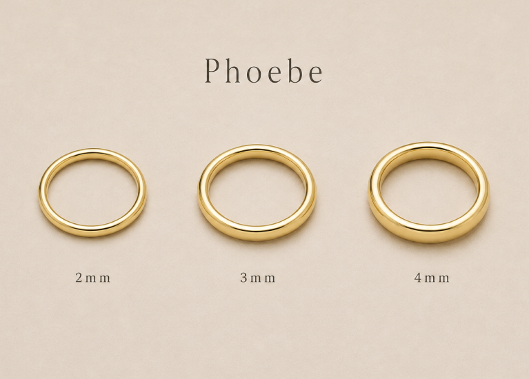 Phoebe wedding band shown in 2mm, 3mm, and 4mm widths side by side for comparison