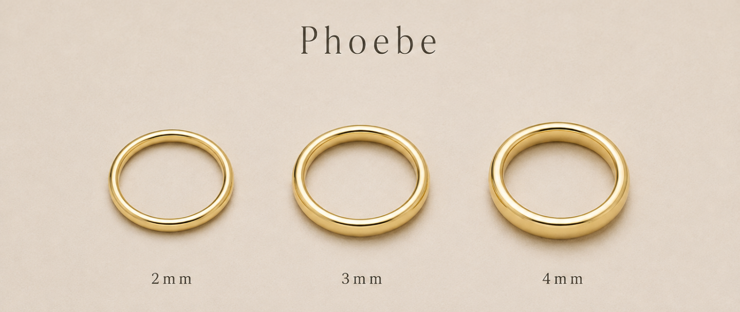 Phoebe wedding band shown in 2mm, 3mm, and 4mm widths side by side for comparison