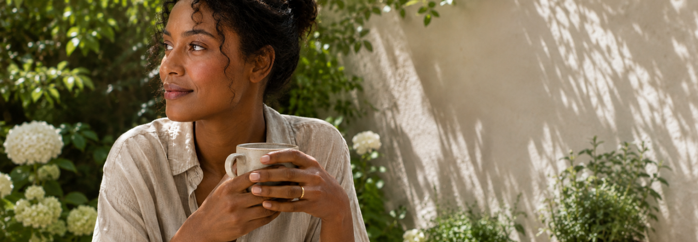 Woman wearing a Phoebe 2mm yellow gold wedding band, holding coffee at a garden table