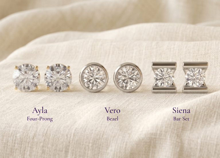 Three diamond stud earring settings compared: prong, bezel, and bar