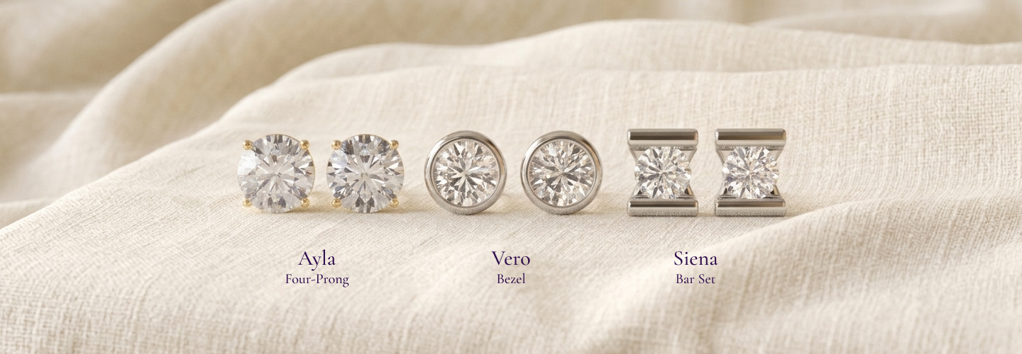Three diamond stud earring settings compared: prong, bezel, and bar