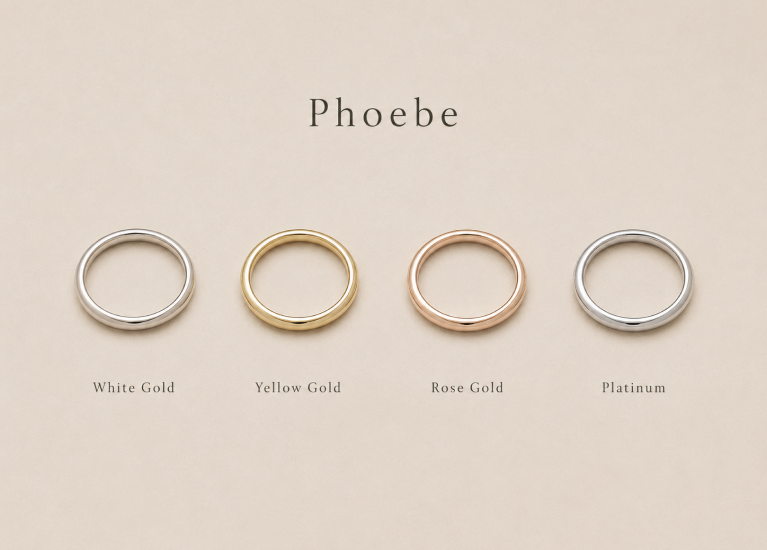 Phoebe 2mm wedding band shown in white gold, yellow gold, rose gold, and platinum