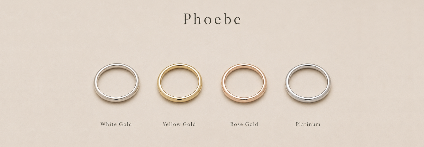 Phoebe 2mm wedding band shown in white gold, yellow gold, rose gold, and platinum