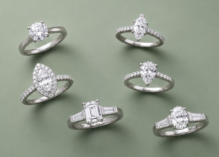 Six SAMA fully composed engagement rings in 18K white gold — round, marquise, pear, halo, and three-stone settings