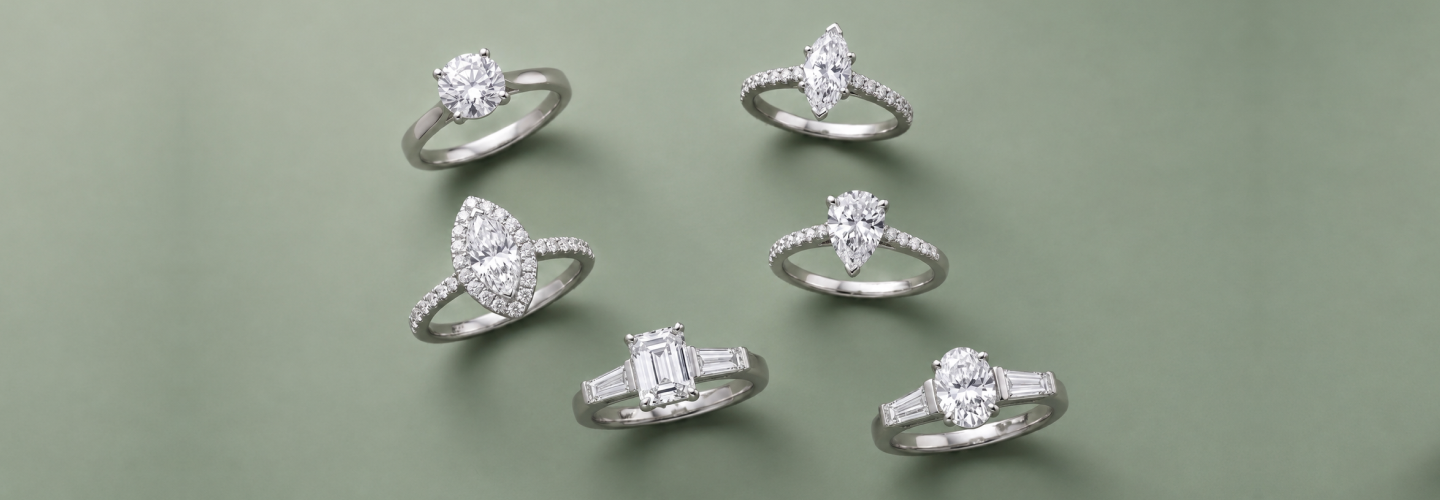 Six SAMA fully composed engagement rings in 18K white gold — round, marquise, pear, halo, and three-stone settings