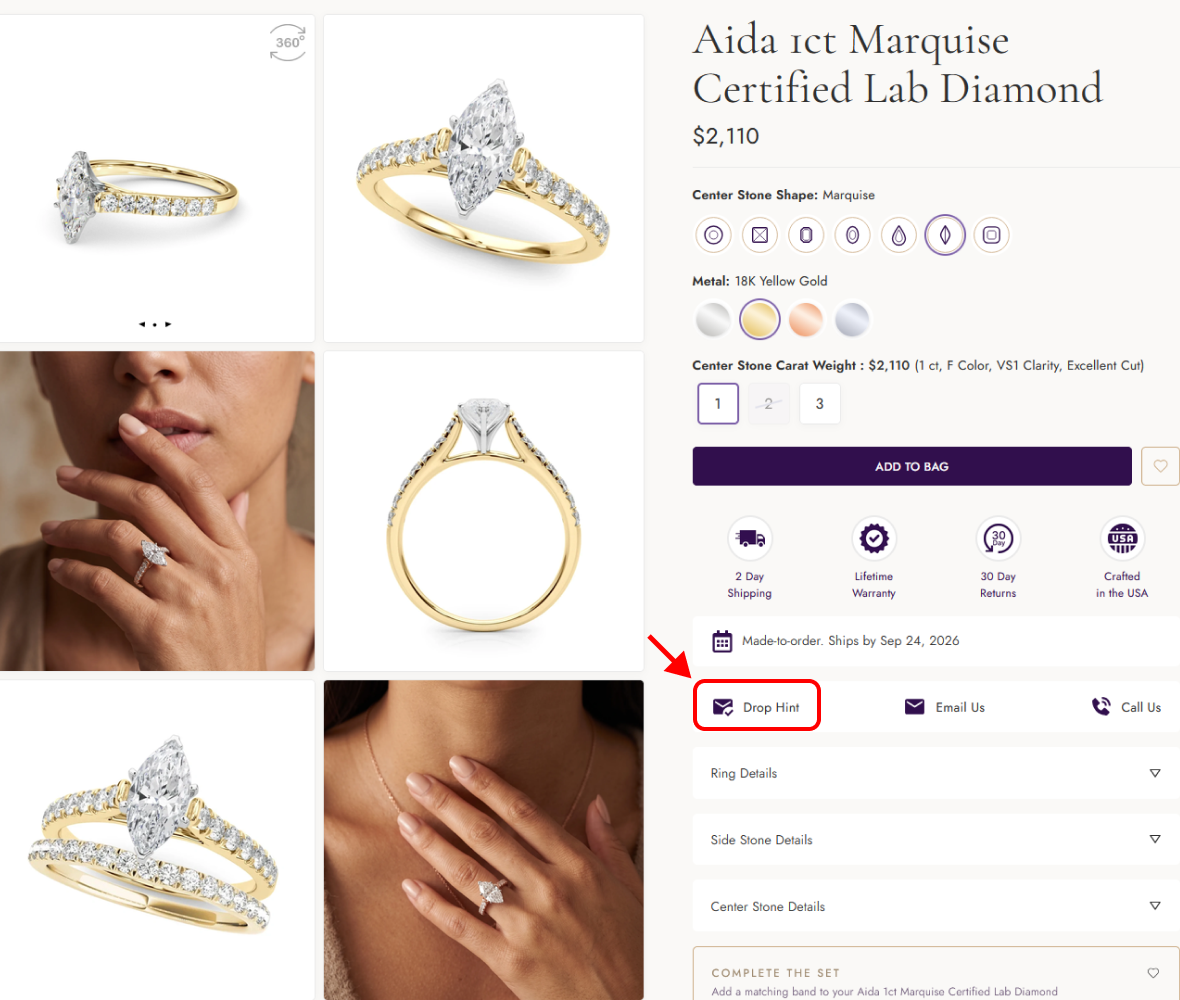 Screenshot of SAMA's Drop Hint link and Drop A Hint form on a product page