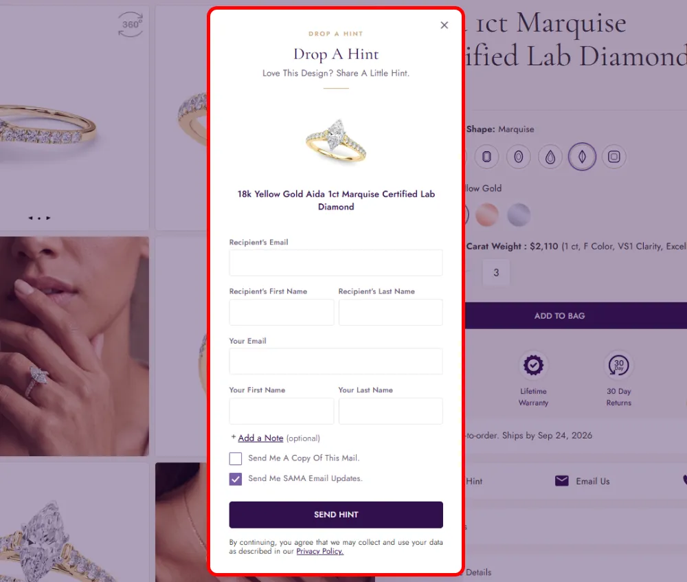 Screenshot of SAMA's Drop Hint link and Drop A Hint form on a product page