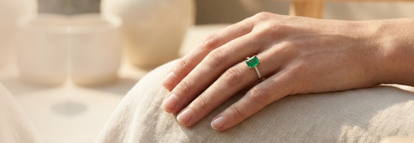 Emerald-cut diamond ring styled in a modern, relaxed setting