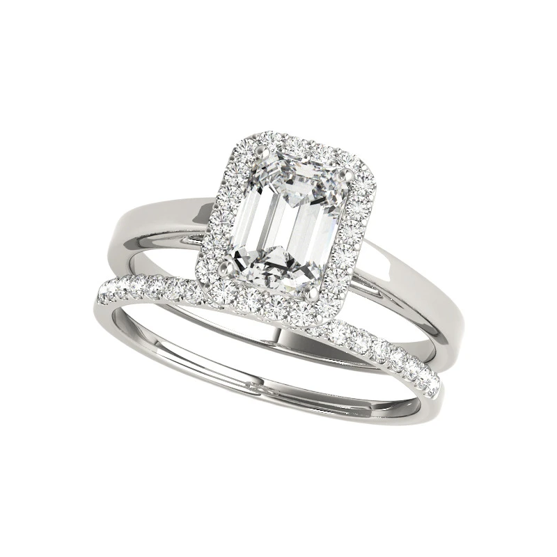 Rhama emerald-cut halo engagement ring with matching wedding band in white gold