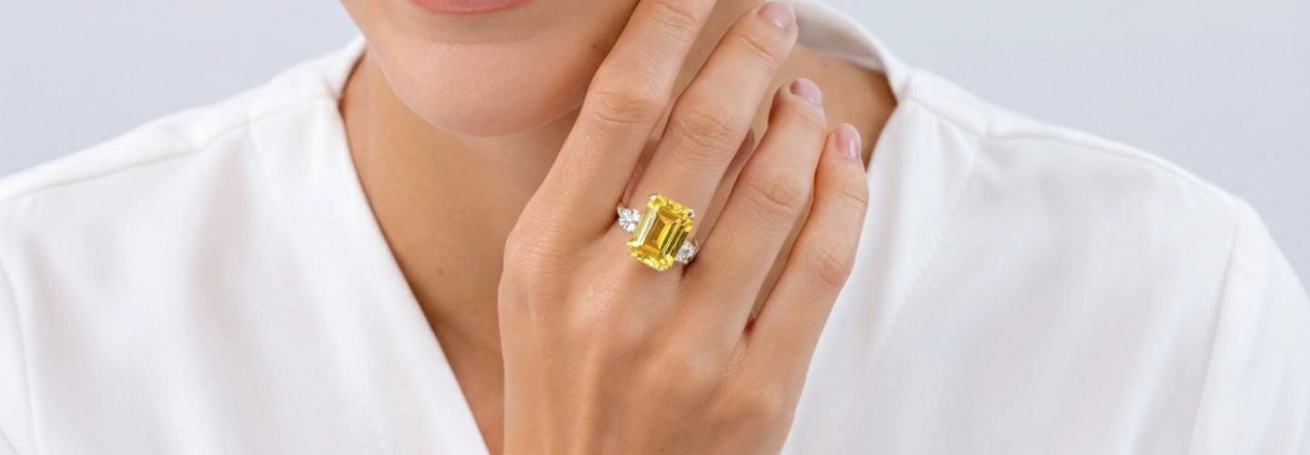 Emerald-cut sapphire ring worn on hand, highlighting modern elegance and clean geometry
