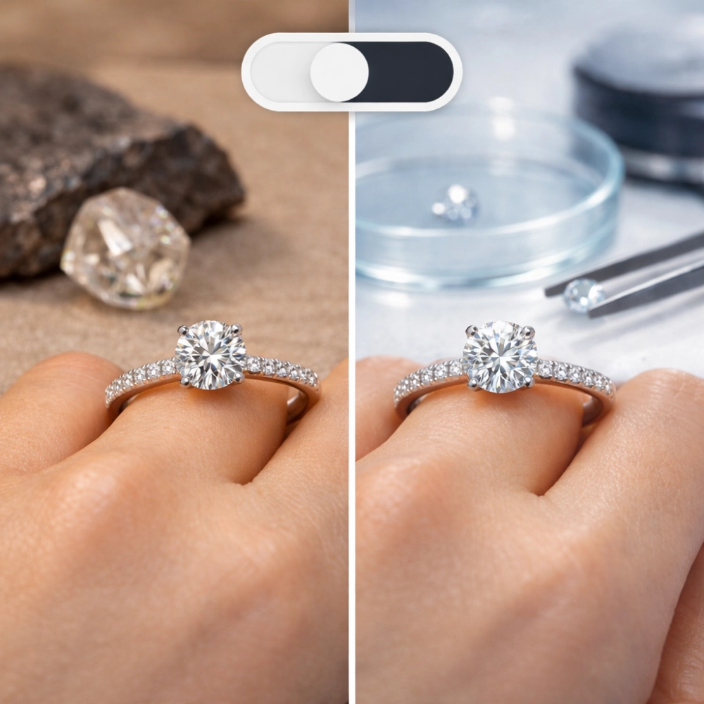Side-by-side comparison of natural and lab-grown diamond rings on hand