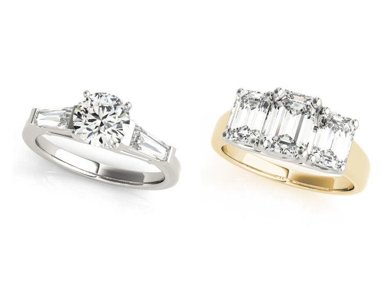 Comparison of SAMA Giorgia and Leticia three-stone diamond rings in yellow gold