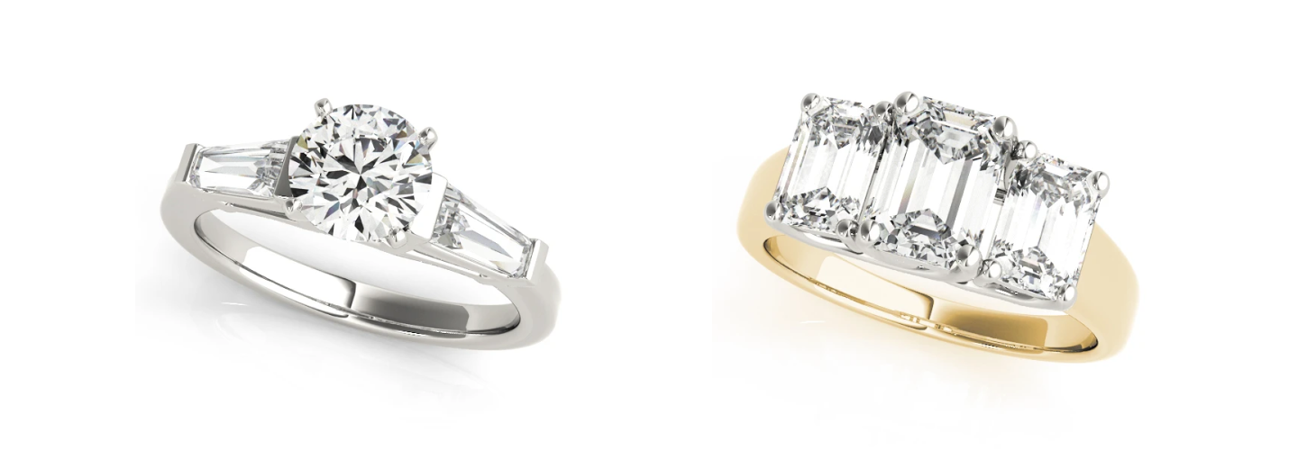 Comparison of SAMA Giorgia and Leticia three-stone diamond rings in yellow gold