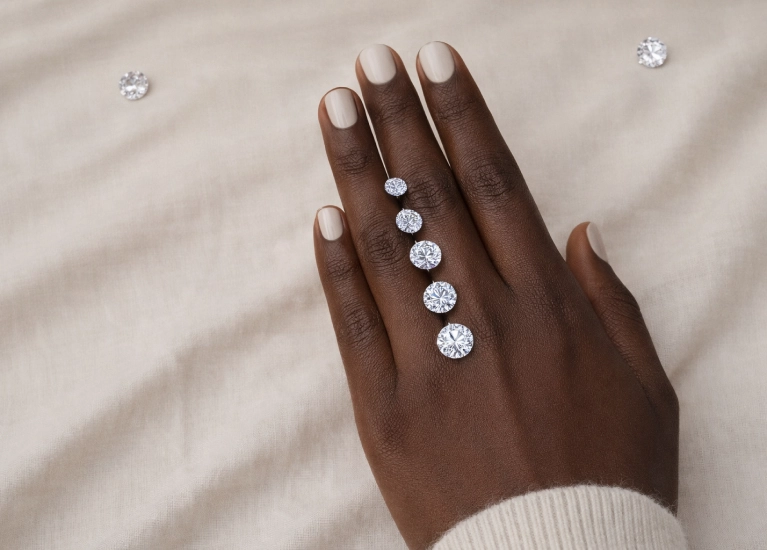Diamond carat sizes shown on hand from smaller to larger stones for visual comparison