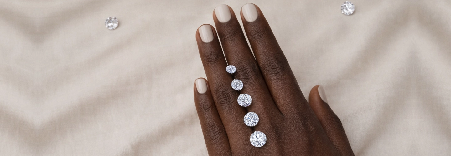 Diamond carat sizes shown on hand from smaller to larger stones for visual comparison