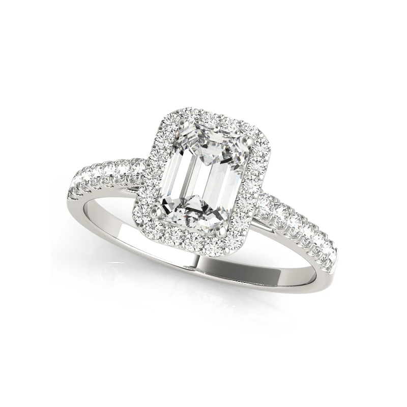 Naila emerald-cut halo engagement ring in white gold with halo setting enhancing perceived size