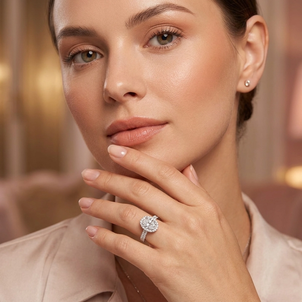 Side profile of oval halo engagement ring showing structure and setting height