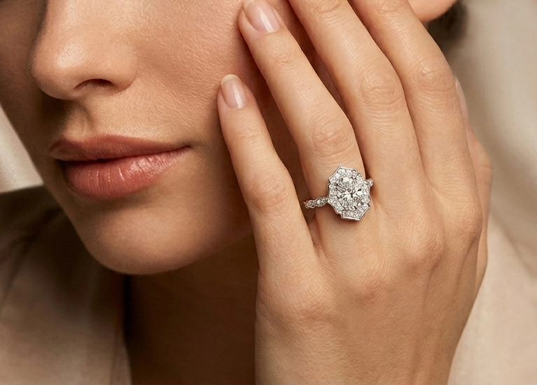 Close-up of oval halo engagement ring on hand highlighting brilliance and setting detail