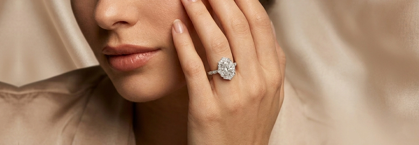 Close-up of oval halo engagement ring on hand highlighting brilliance and setting detail