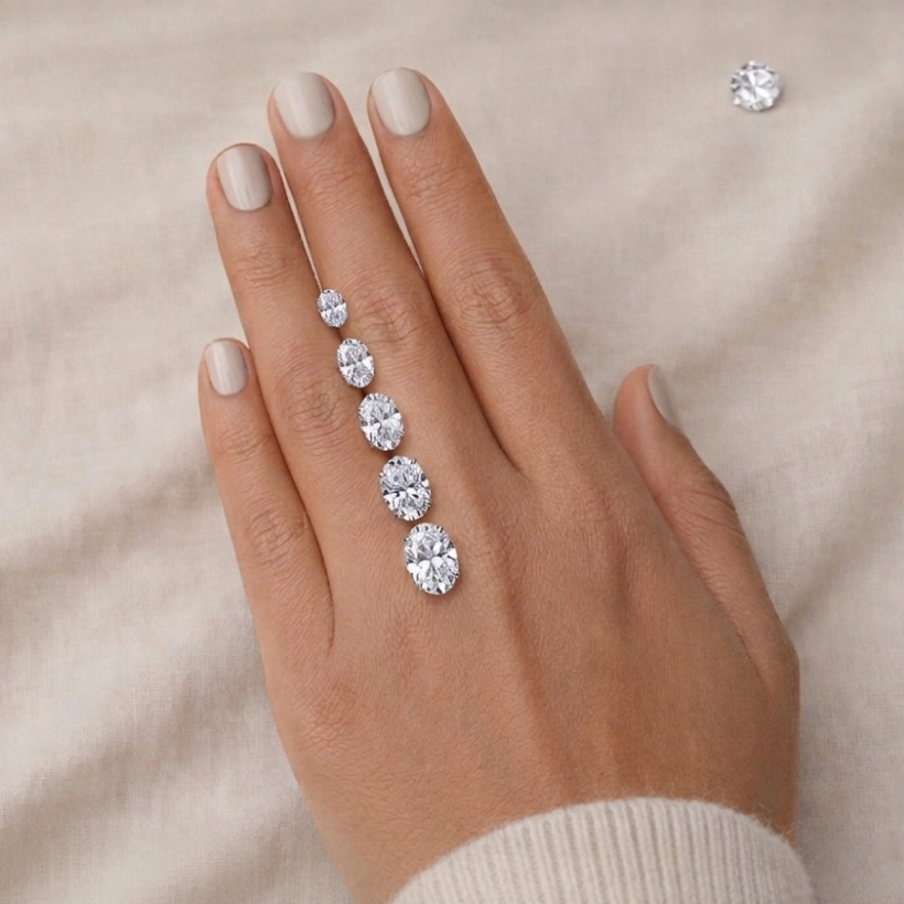 Oval diamond halo setting detail showing surrounding diamonds enhancing center stone