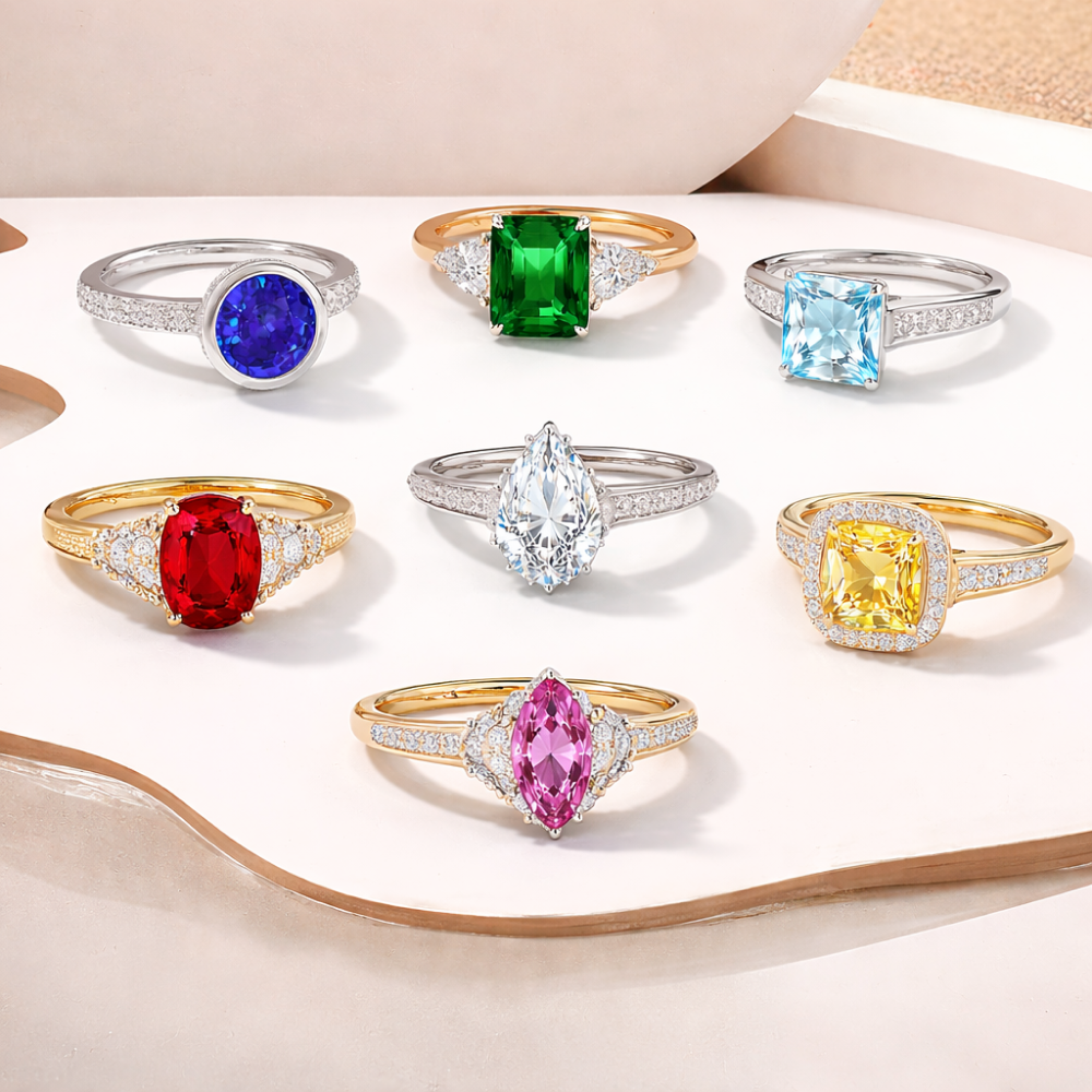 Assorted birthstone rings featuring colorful gemstones for personalized jewelry gifts
