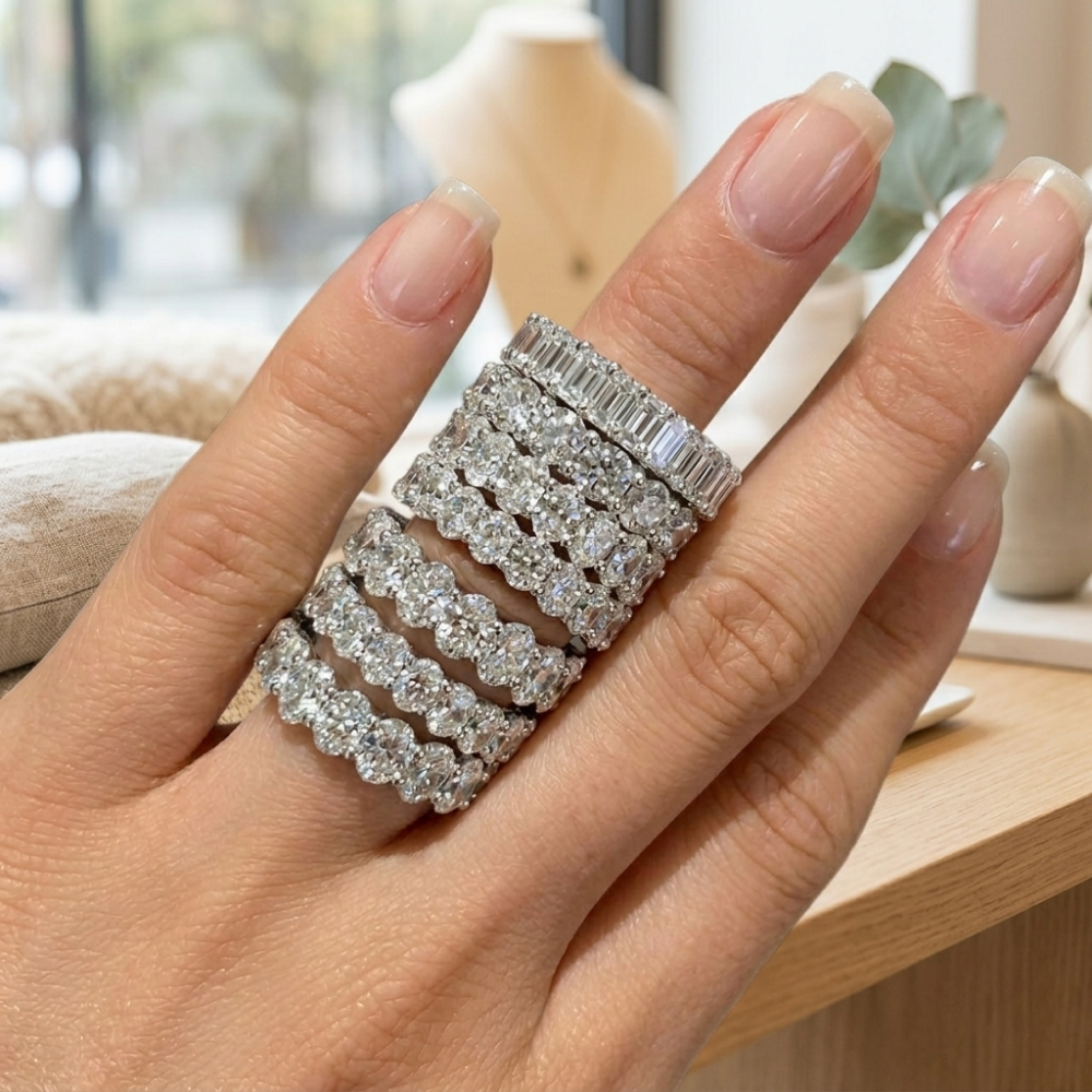 Stacked diamond bands representing layered jewelry collected over time
