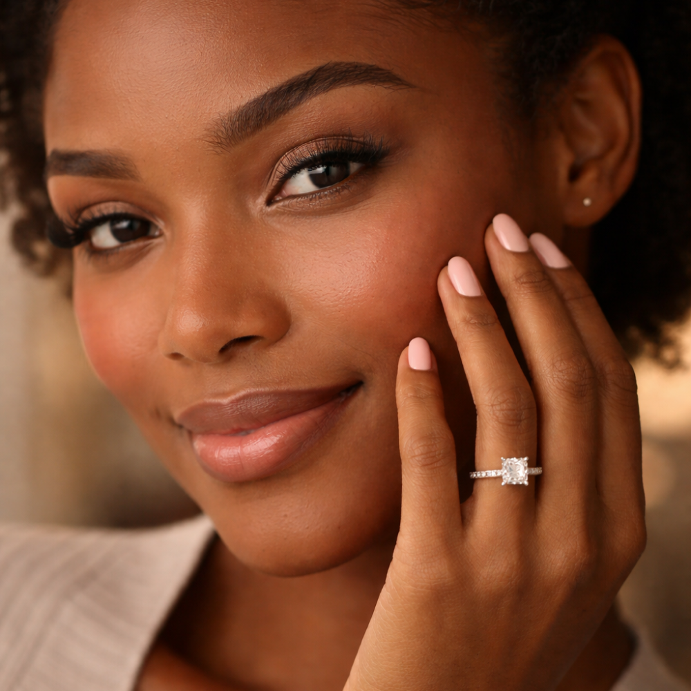 Princess-cut diamond ring worn on hand styled for everyday elegance
