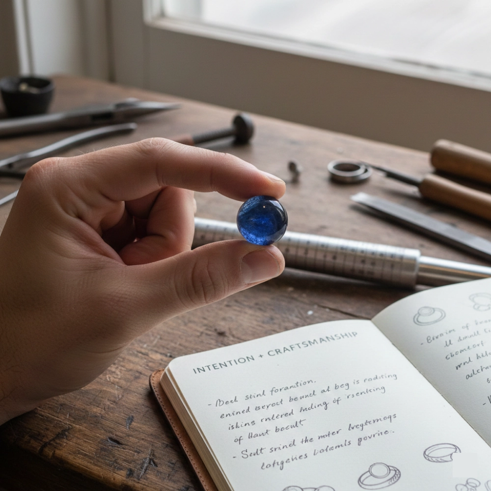 Hands selecting a sapphire gemstone during a custom jewelry design process