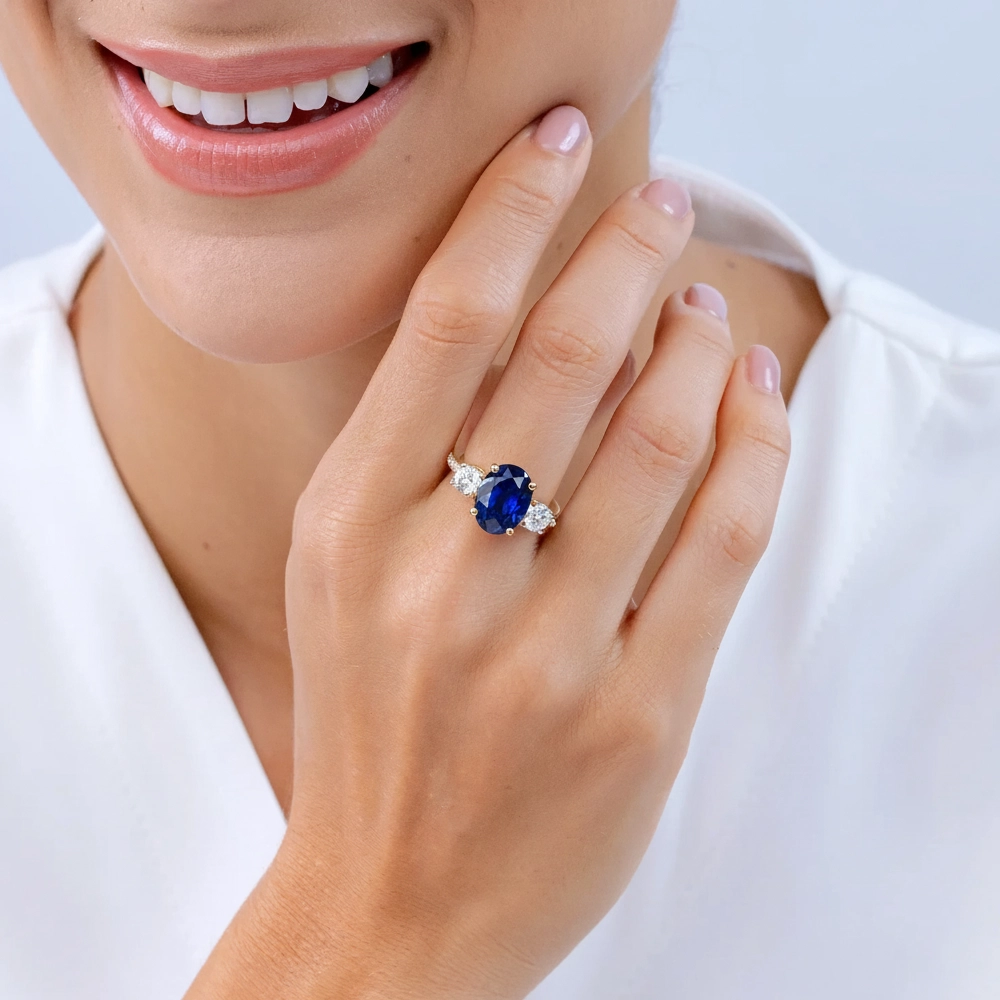 Sapphire ring worn on hand symbolizing loyalty, wisdom, and clarity