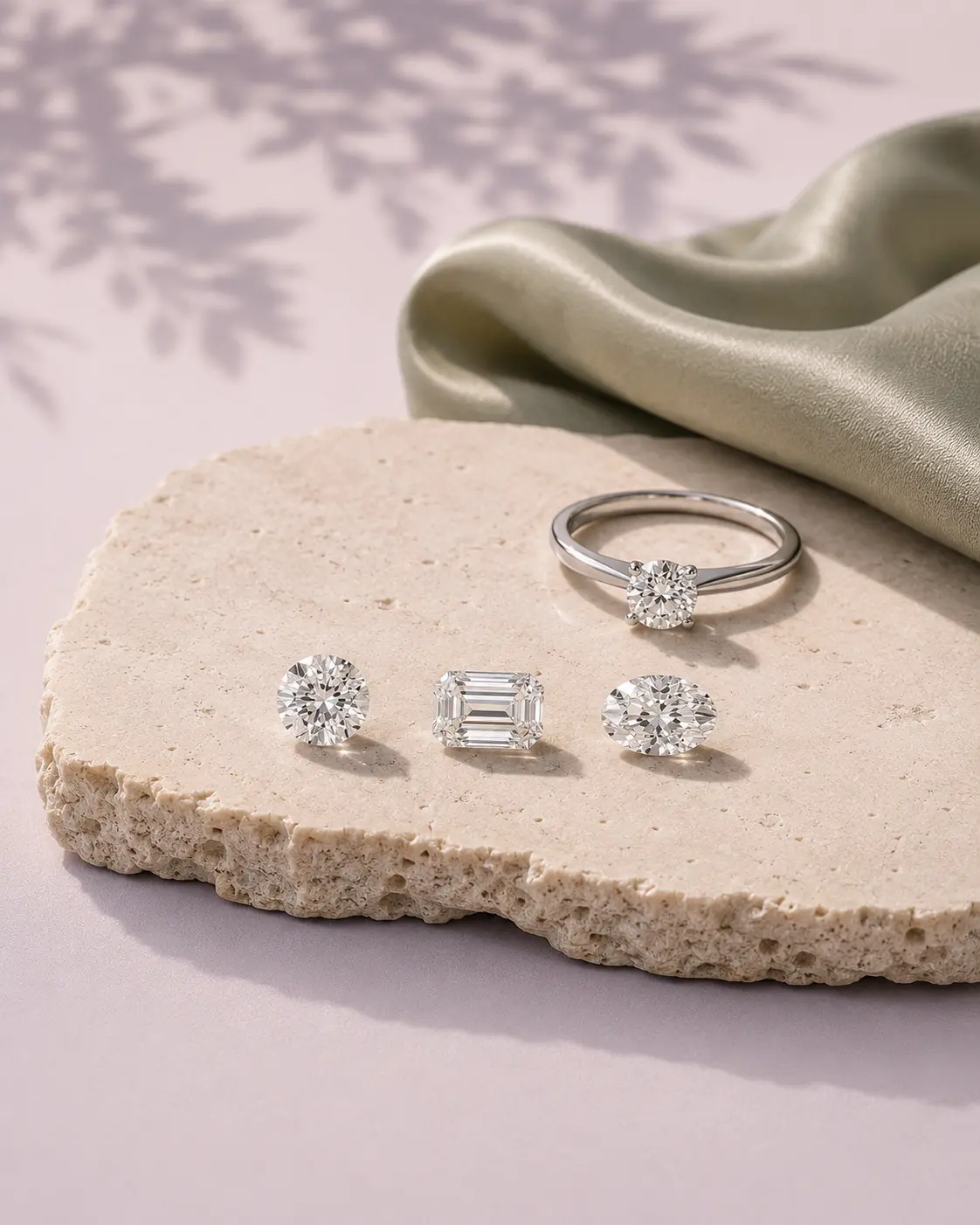 Round brilliant, emerald cut, and oval diamonds beside a solitaire ring on a travertine slab