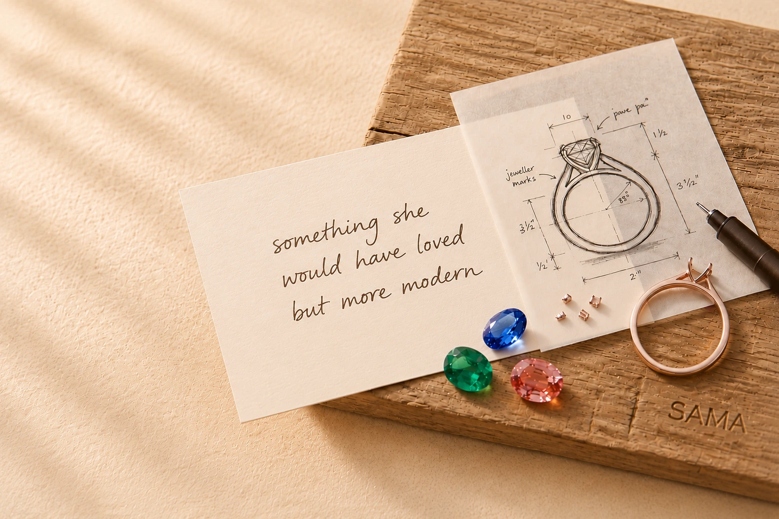 Bespoke gemstone engagement rings — emerald, aquamarine, pink sapphire, white sapphire, and blue sapphire in custom rose and white gold settings