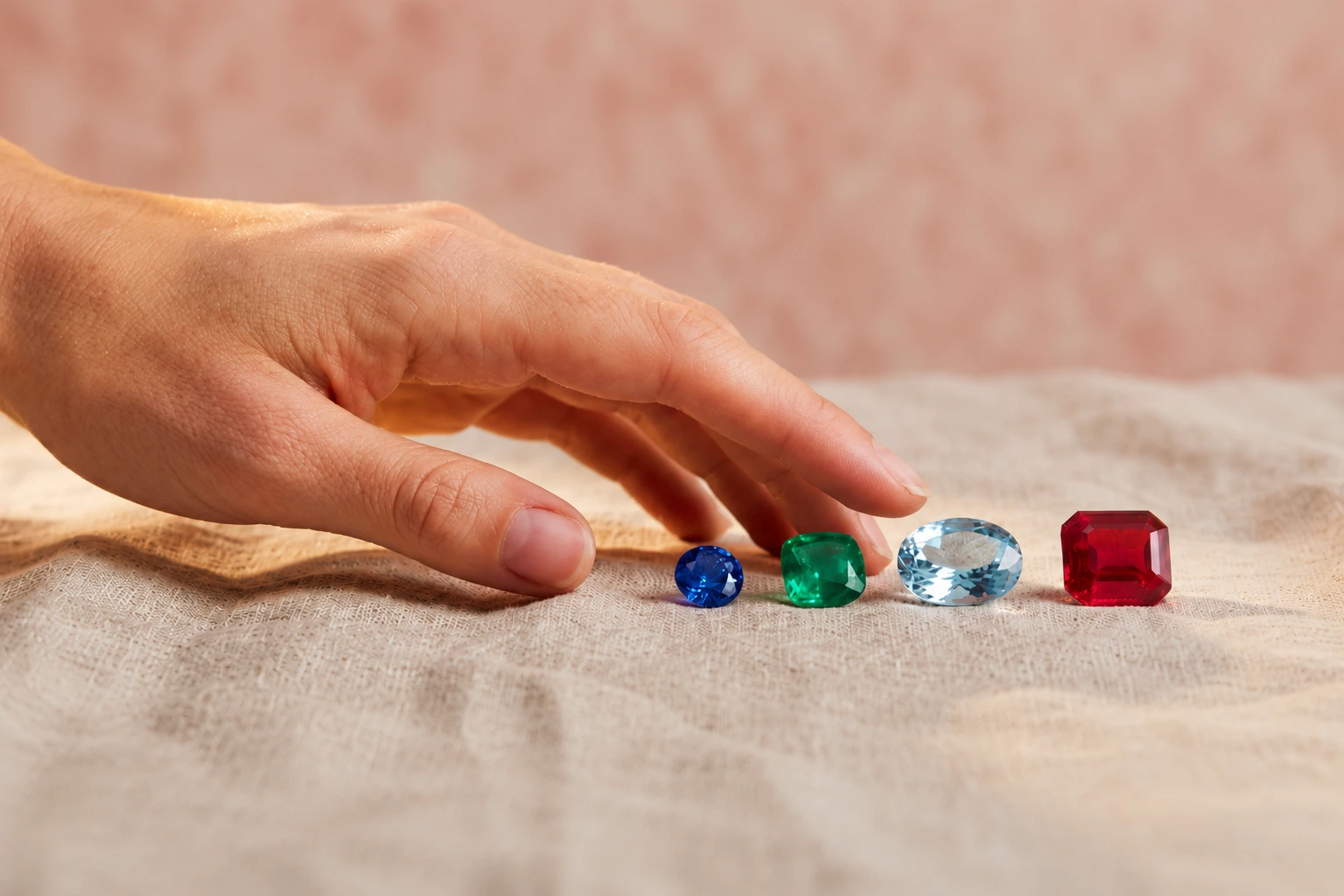 Hand wearing sapphire, emerald, and ruby engagement rings by SAMA — crafted with ethical gemstones
