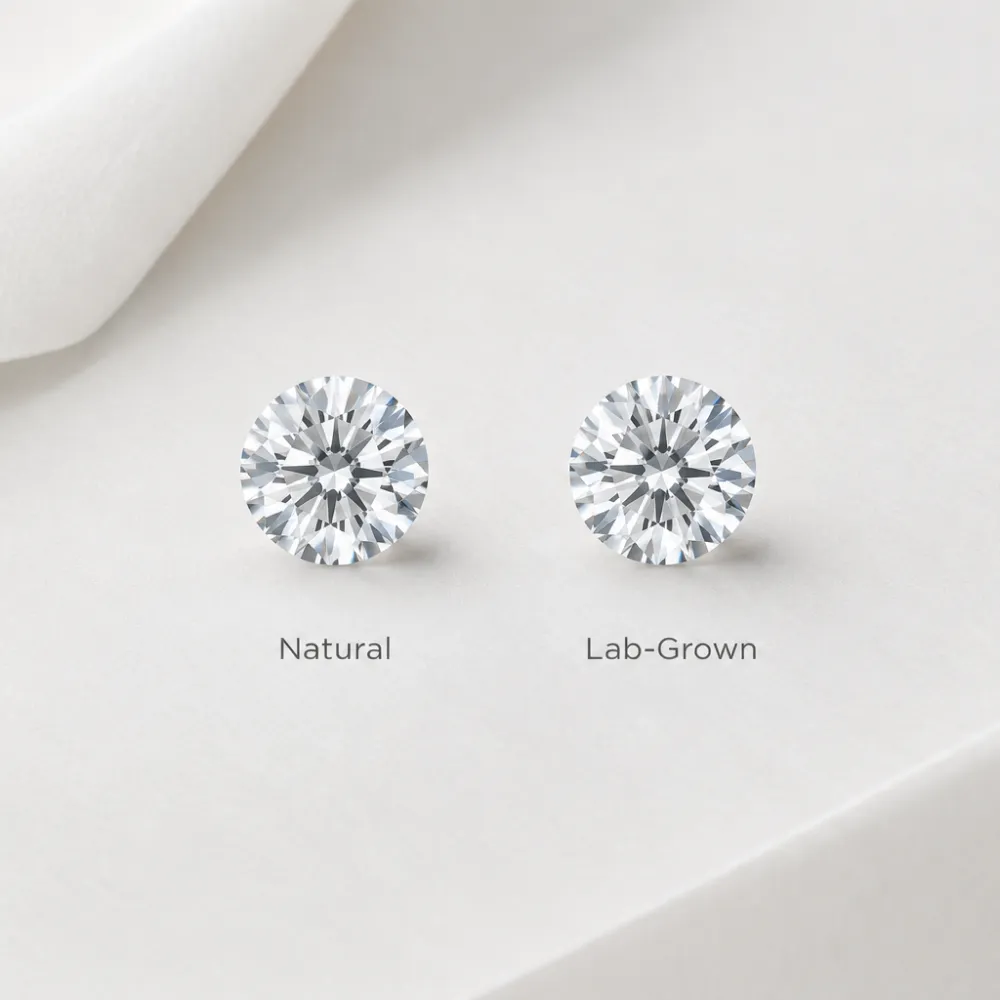 Two round diamonds that look identical, labeled natural and lab-grown, illustrating that origin can't be seen by eye