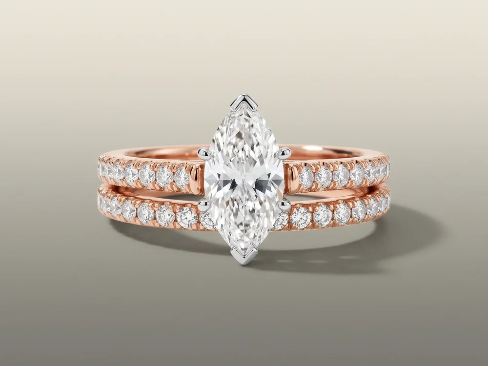 Aida marquise engagement ring with the Adaline diamond wedding band in rose gold