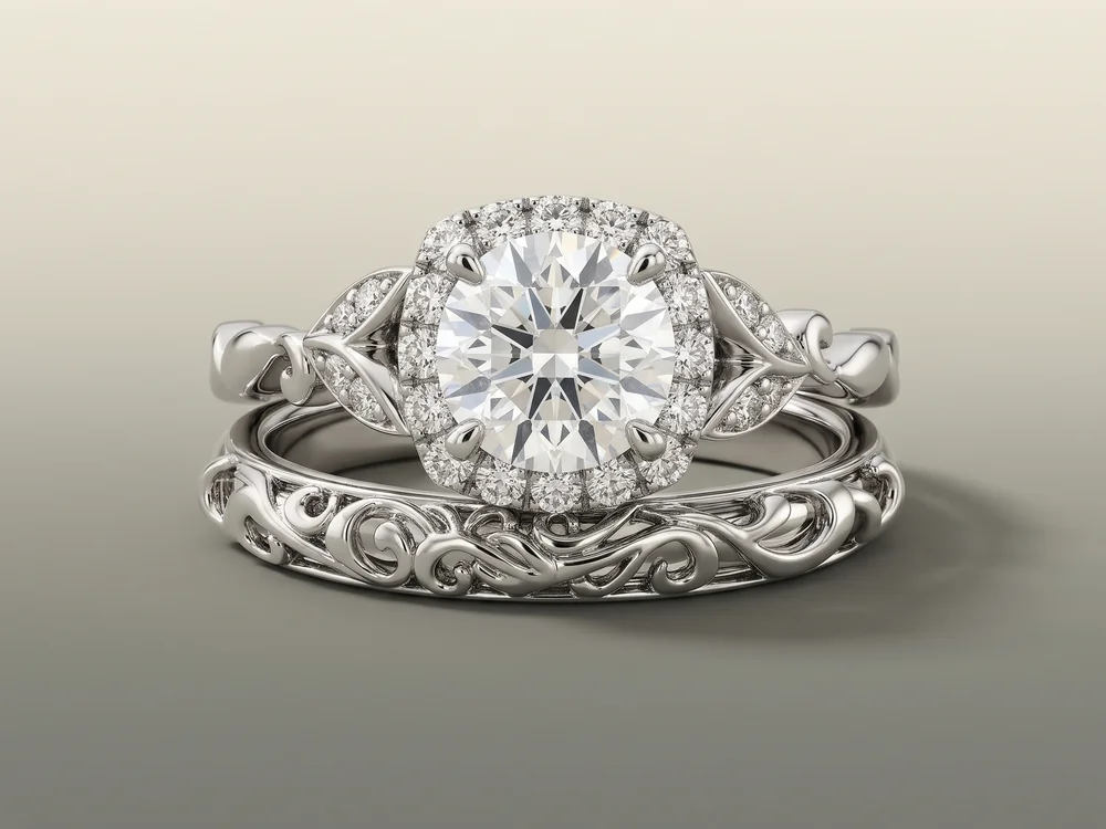Rentata halo engagement ring stacked with the Esme floral wedding band in white gold