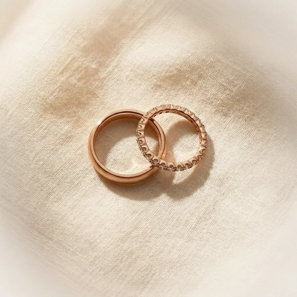Diamond eternity wedding bands in rose gold — wedding band education guide by SAMA