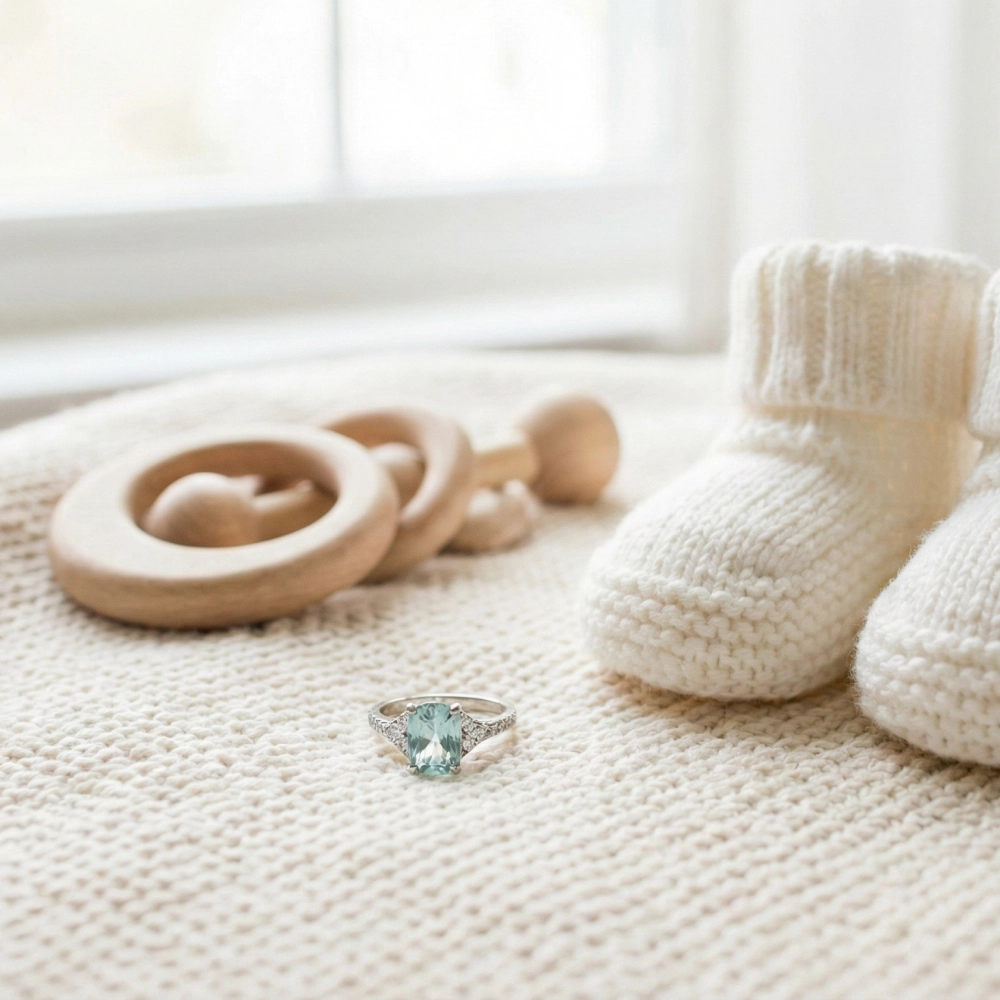 Aquamarine gemstone ring styled as a meaningful push present