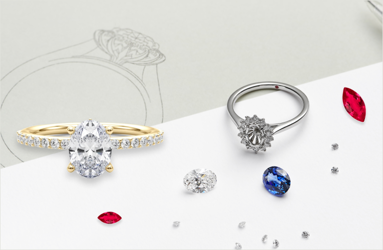 SAMA custom engagement rings featuring diamonds, sapphires, emeralds, and aquamarines