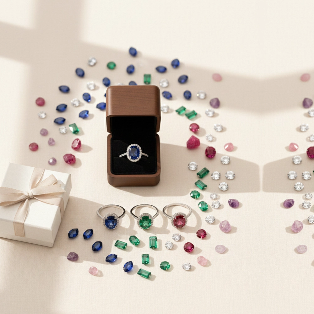 Ethically sourced gemstones and engagement rings around SAMA box for gift giving