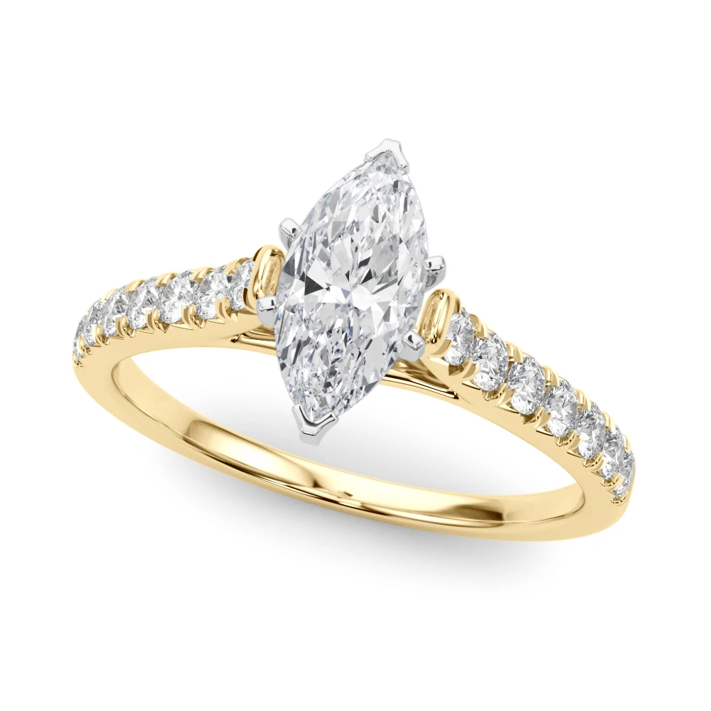 Marquise diamond engagement ring with pavé band in yellow gold by SAMA